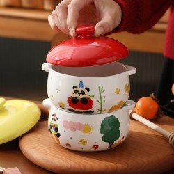 Pandas manger bambou céramique oeufs à la vapeur bol avec couvercle ragoûter soupe tumbler poulet cuit cuit cuit bols à deux oreilles maison bébé accessoires vaisselle