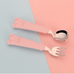 304 acier inoxydable enfants cuillère et fourchette set silicone apprentissage cuillère et fourchette bébé creative piggy portable vaisselle cadeaux