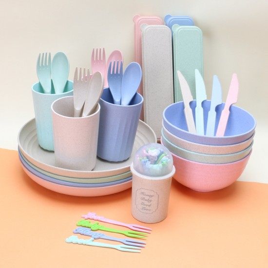 Amazone paille de blé bols tasses plats couteaux fourchettes cuillères fruits fourchettes ensemble plat à pâtes maison portable vaisselle cadeaux
