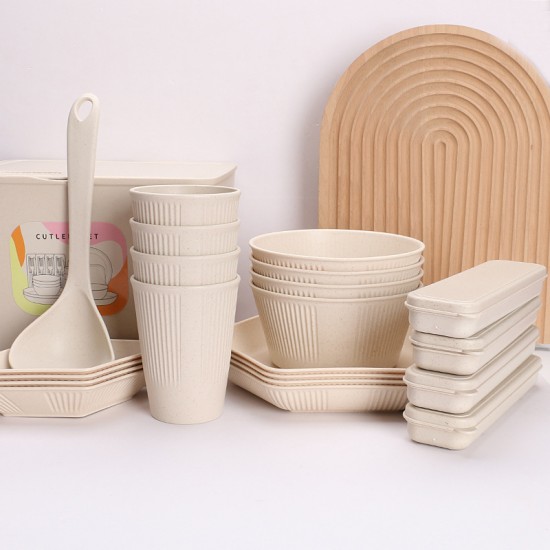 Crossover blé paille maison cuisine plats bols tasses couteaux fourchettes cuillères paupiers boîte de rangement ensemble camping voyage simple vaisselle