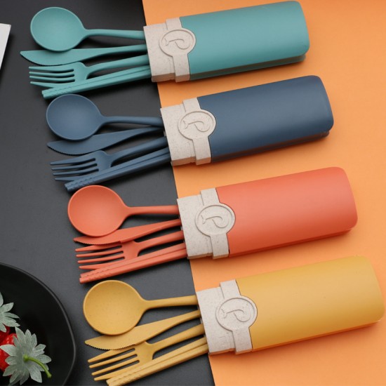 Support personnalisé paille de blé vaisselle portable couteau fourche cuillère chopin chopin set student outdoor portable vaisselle cadeau
