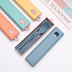 Étudiant portable presse puller box couverts paille de blé couteaux fourchettes cuillères baguettes paille couverts ensemble de 5 pièces cadeau