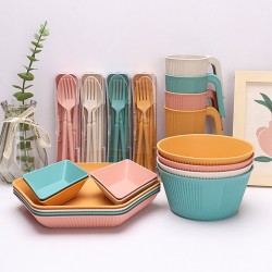 Bol à paille de blé tasses et assiettes ensemble de vaisselle portable ensemble de camping à grain vertical créatif diamant plat à tremper saladier plat