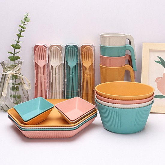 Bol à paille de blé tasses et assiettes ensemble de vaisselle portable ensemble de camping à grain vertical créatif diamant plat à tremper saladier plat