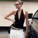 2025 summer new European and American cross-border fashionable evening dress, elegant figure-hugging pure color long dress, stretch one-piece dress New 2025 Foreign Trade Women's Sexy Solid Color U-Neck Backless Slit High-Waisted Midi Dress for Wholesale