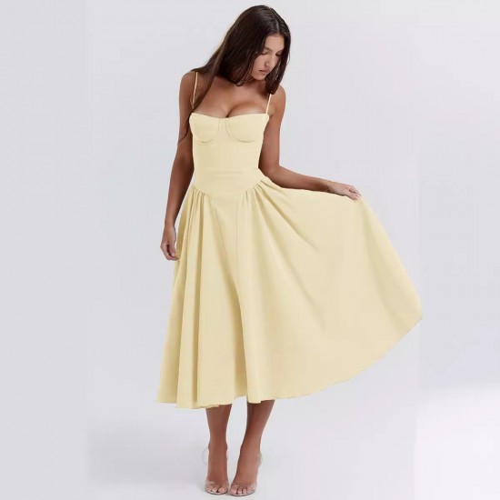 European and American cross-border 2024 autumn new style women's clothing elegant fitted solid color pleated shoulder strap single sleeve long-sleeved one-piece dress for women