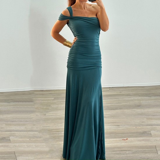 European and American cross-border 2025 summer fashionable elegant solid frill pleated single-shoulder backless dress for women wholesale