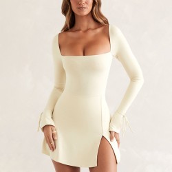 Wholesale of cross-border women's clothing for 2025, featuring a fashionable and sexy dress with a detachable neck strap, long sleeves, and a deep V neckline.