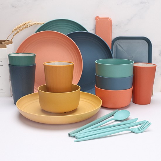 Paille de blé bols tasses soucoupes ensembles de plats plats plats maison tasses à boire bicolore couteaux portatifs fourchettes cuillères chopes resto ensembles de couverts cadeaux
