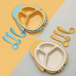 Paille de blé enfants repas assiette ensemble cartoon pingouin enfants vaisselle split plateau cuillère fourche bébé accessoires vaisselle