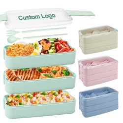 Transfrontalier style japonais tige de blé boîte bento vaisselle portable boîte de picnic étudiant démontable cuillère et fourche pauchiers boîte à lunch à trois niveaux