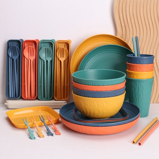 Amazonie commerce extérieur paille de blé vaisselle vaisselle et soucoupe set 8 personnes ménage bol de riz vaisselle tasse d’eau 32pcs set