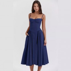 European and American cross-border 2024 autumn new style women's clothing elegant fitted solid color pleated shoulder strap single sleeve long-sleeved one-piece dress for women