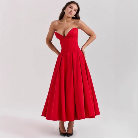 2025 European cross-border spring summer new style sexy wrapped chest elegant V-neck sleeveless evening solid color dress for wholesale