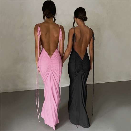 2025 Amazon cross-border summer women's fashionable dress, elegant cut-out, square-neck, slit, long-sleeved, pure color, one-piece dress for women.