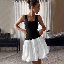 Fulfillment new European summer cross-border women's fashionable fitted patch color street pleated dress for wholesale