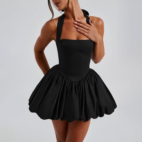 2025 new European style fashion street fitted puff skirt with ruffle tie backless open style women's dress for wholesale