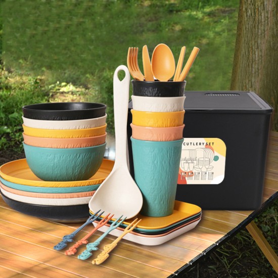 Crossover paille de blé bols tasses assiettes soucoupes ensemble en plastique couverts plats plats plats tasses à boire ensemble cadeau