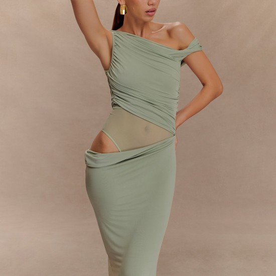 New product 2025 European cross-border sexy elegant solid collarless backless fitted one-shoulder long dress for women wholesale