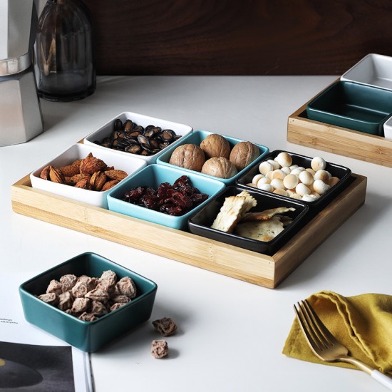 Créatif japonais bambou bois à compartiments snacks fruits secs céramique hôtel ingrédients pour le petit déjeuner hot pot dip snack assaisonnement plat de goût
