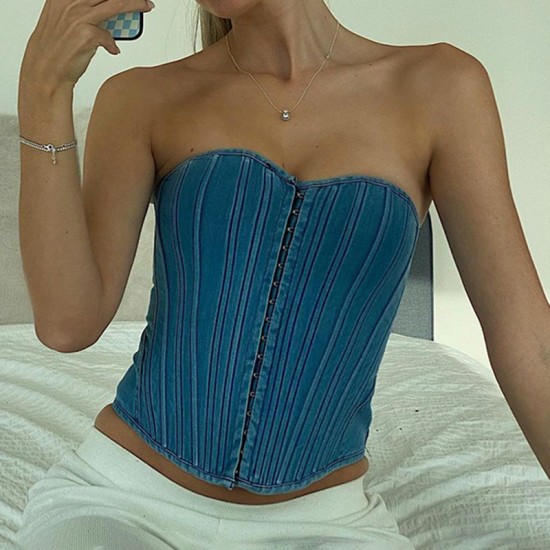 2025 European cross-border spring summer hot backless fishbone fitted strap-on fashionable denim personality tank top for wholesale