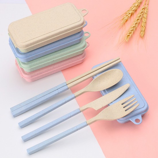 Creative blé paille pliant vaisselle étudiant portable amovible couteau fourche cuillère baguettes ensemble de vaisselle cadeau