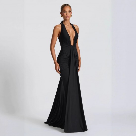 European and American 2025 Summer New Style Cross-border Fashion Dress Sexy Solid Deep V Neck Backless Dress for Women Wholesale