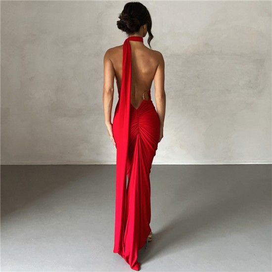 In Stock Cross-border Women's Clothing Fashion Summer Vintage Style T-shirt with Sexy Backless Fishbone and Ruffled Sleeveless Long Dress for Wholesale