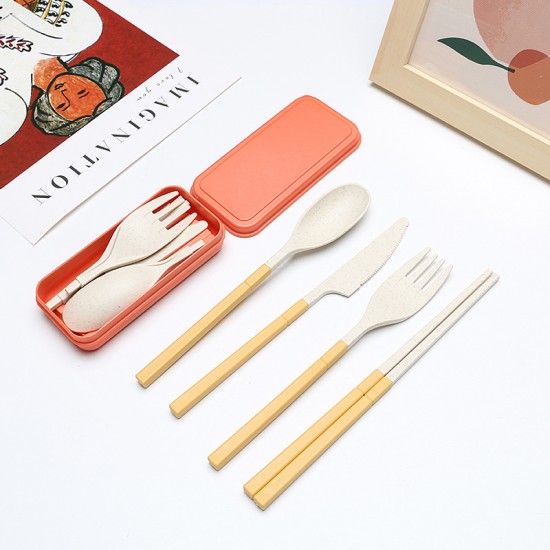 Paille de blé pliable boîte à couverts portable couteau de voyage d’extérieur fourchette cuillère chopsticks ensemble de couverts amovibles ensemble de 4 pièces