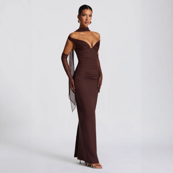 2025 Wholesale Sexy Unilateral Shoulder Open Back Long Dress with Asymmetrical Ruffles and Tight Bodycon for Women in Cross-border
