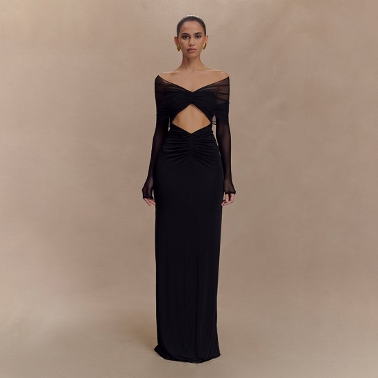 Newly launched European and American style 2025 trendy open net fabric pure-color patching bare-chest long-sleeved fitted dress wholesale