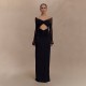 Newly launched European and American style 2025 trendy open net fabric pure-color patching bare-chest long-sleeved fitted dress wholesale
