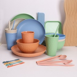 Amazonie commerce extérieur paille de blé vaisselle vaisselle et soucoupe set 8 personnes ménage bol de riz vaisselle tasse d’eau 32pcs set