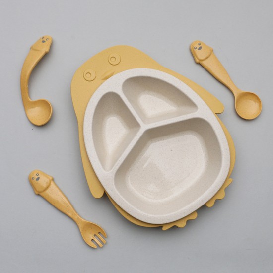 Paille de blé enfants repas assiette ensemble cartoon pingouin enfants vaisselle split plateau cuillère fourche bébé accessoires vaisselle