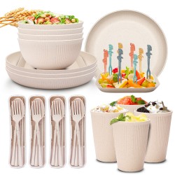 Amazon beige paille de blé saladier tasses plats plats tatouage vertical portatif couteaux fourchettes cuillère paupiers couverts ensemble cadeau