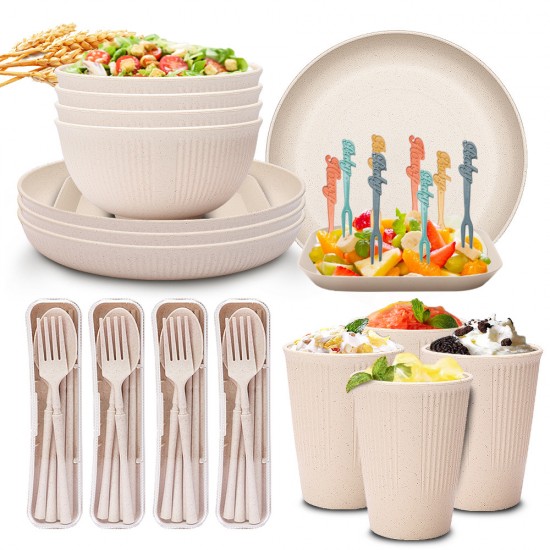 Amazon beige paille de blé saladier tasses plats plats tatouage vertical portatif couteaux fourchettes cuillère paupiers couverts ensemble cadeau