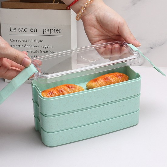 Boîte à lunch portable pour étudiants tige de blé boîte à lunch à trois couches fourchette de fruits pique-nique boîte à lunch carrée créative