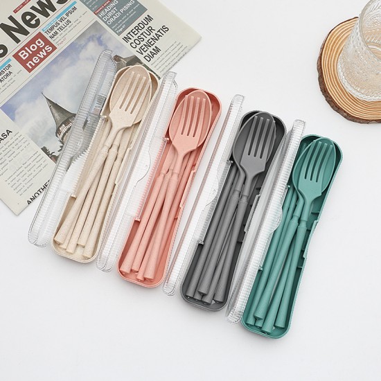 Creative paille de blé vaisselle à grain vertical couteaux fourchettes cuillères baguettes étudiant extérieur portable vaisselle ensemble 4 pièces cadeau