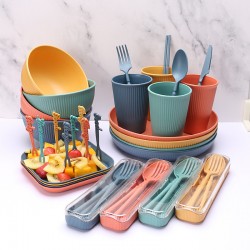 Amazone paille de blé ensemble de table maison riz bol plat plat coupe étudiant portable couteau fourche cuillère paupiers cadeaux