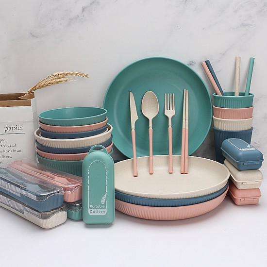 Amazone paille de blé bol tasse-assiette assiette à pâtes étudiant bol à soupe vaisselle portable couteaux fourchettes cuillère chopes paupiers paille set