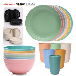 Commerce extérieur vente chaude de paille de blé plat bol coupe 32 pièces ensemble de 8 personnes vaisselle vaisselle en plastique créatif plat et bol ensemble de ménage