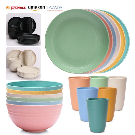 Commerce extérieur vente chaude de paille de blé plat bol coupe 32 pièces ensemble de 8 personnes vaisselle vaisselle en plastique créatif plat et bol ensemble de ménage