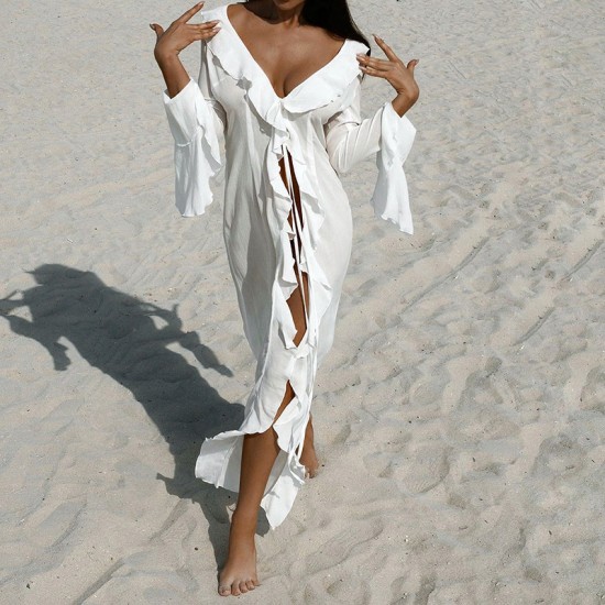 European/American 2025 Summer New Cross-border Elegant Single Lapel Pure Color Transparent Dress Ruffled Women's Dress Wholesale