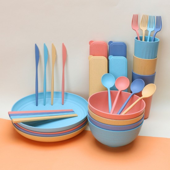 Crossover paille de blé bols tasses plateaux ensembles 32pcs couverts couteaux portables fourchettes cuillères baguettes student cutter set cadeaux