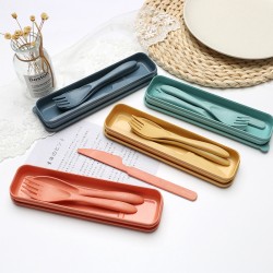 Amazon paille de blé couteau fourche cuillère ensemble de trois pièces étudiant extérieur voyage portable ensemble de vaisselle cadeau