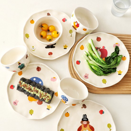 Famille 4 personnes parent-enfant ensemble de vaisselle cadeau maison bols plats bols en céramique assiettes mignonne cartoon riz bols plats plats