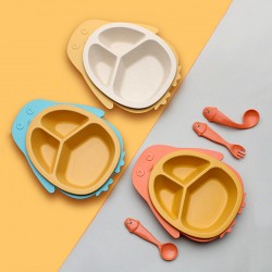 Paille de blé enfants repas assiette ensemble cartoon pingouin enfants vaisselle split plateau cuillère fourche bébé accessoires vaisselle