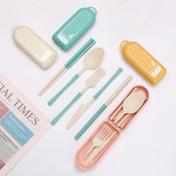 Amazone paille de blé grain vertical ensemble de vaisselle étudiant portable pliant couteau fourche cuillère paupière paille cadeau pliable