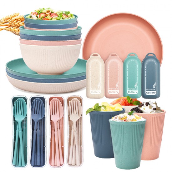 Amazone paille de blé bol tasse-assiette assiette à pâtes étudiant bol à soupe vaisselle portable couteaux fourchettes cuillère chopes paupiers paille set