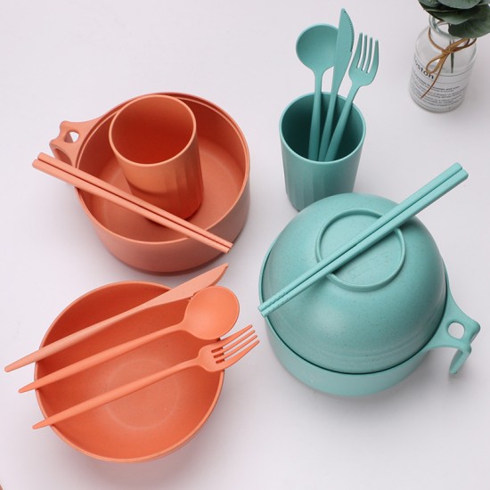 Paille de blé bol à pâte cuillère coupe coupe fourche cuillère resto ensemble dortoir étudiant portable bol de riz avec couverts avec couvercle soupe bol